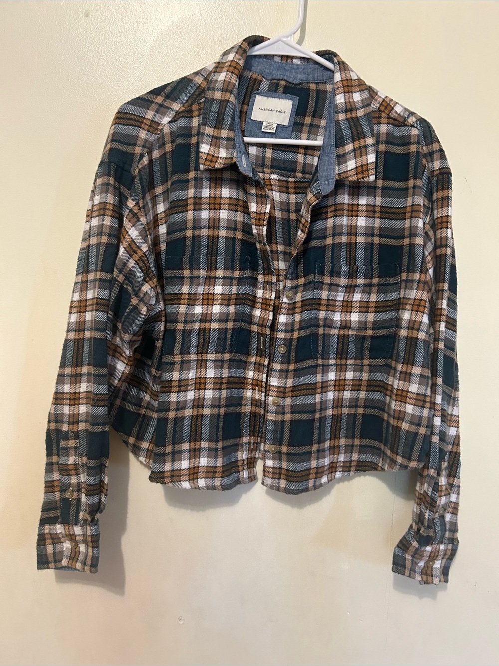American Eagle Outfitters Cropped Flannel Shirt Sz L Green, Brown & White Plaid
